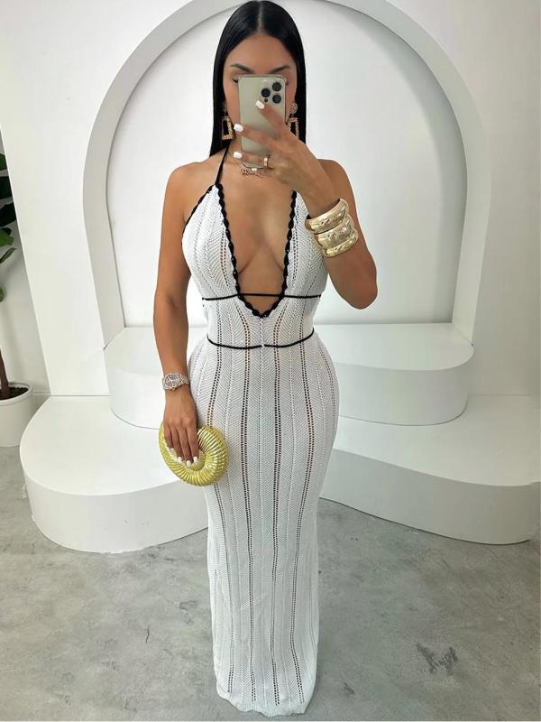 V Neck Halterneck Backless Knits Maxi Dress GQNF-F00043D