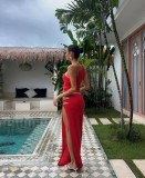Solid Color Slash Shoulder Tops Long Skirt Suit GQNF-Y00022S