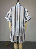 Stripe Lapel Short Sleeve Shirt Two Piece Shorts Set GCNE-73362