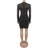 Mesh Hot Drill Long Sleeve Mini Dress BY-7601