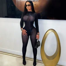 See Through Solid Color Stocking Tight Jumpsuit SFY-822