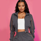 Plus Size Long Sleeve Zipper Jackets Two Piece Pants Set YNSF-8021
