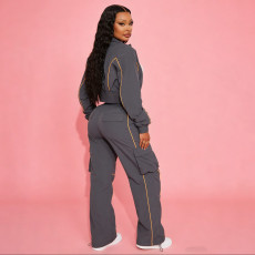 Plus Size Long Sleeve Zipper Jackets Two Piece Pants Set YNSF-8021