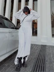 Fashion Zipper Hooded Sport Soiid Color Jumpsuit SFY-818