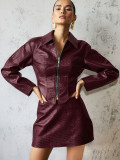 Crocodile-pattern PU Leather Jacket And Skirt Set GPBY-139
