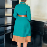 Plus Size Color Block Press Pleated Midi Dress GCZF-8649