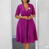 Plus Size Solid Color Lapel Midi Dress GCZF-8650