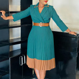 Plus Size Color Block Press Pleated Midi Dress GCZF-8649