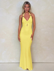 Solid Color Halterneck Sexy Backless Maxi Dress GQNF-Y00138DC