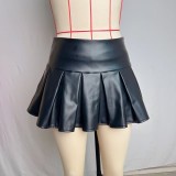 High Waist PU Leather Pleated Skirt GPBY-768