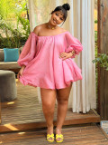 Plus Size Puff Sleeve One Shoulder Midi Dress NNWF-8152