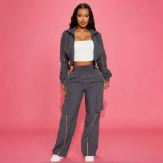 Plus Size Long Sleeve Zipper Jackets Two Piece Pants Set YNSF-8021