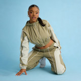 Plus Size Contrast Color Patchwork Drawstring Pants Suit YNSF-8022
