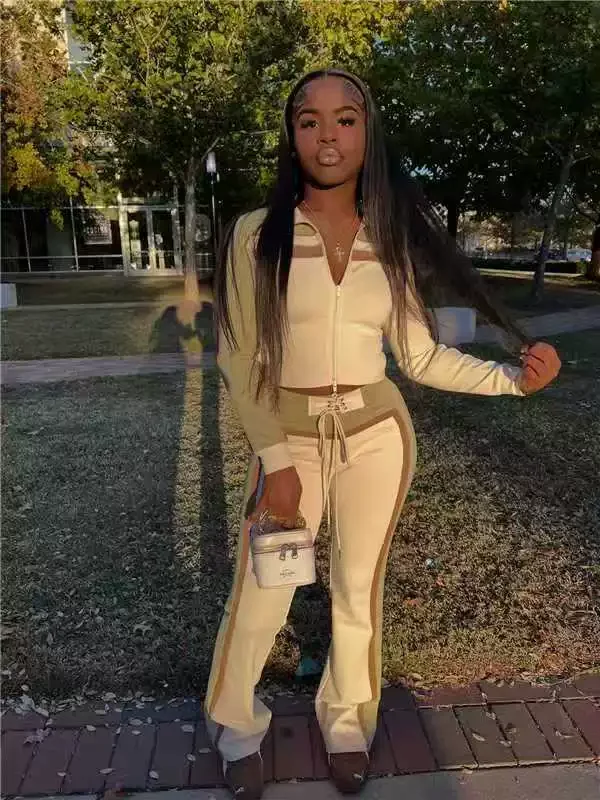 Color Block Patchwork Long Sleeve Pants Suit GBGF-251124