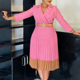 Plus Size Color Block Press Pleated Midi Dress GCZF-8649