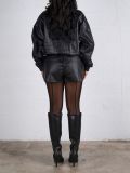 Lapel Zipper Loose Leather Jacket And Shorts Set AIL-339