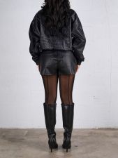 Lapel Zipper Loose Leather Jacket And Shorts Set AIL-339