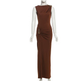 Ruched Sleeveless Off Shoulder Maxi Dress GSLF-K25D74305