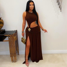 Sleeveless Pleated Hollowo Out Split Maxi Dress GZIY-6352