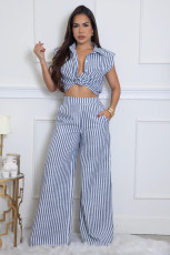 Stripe Sleeveless Shirt Two Piece Pants Set XHXF-8730