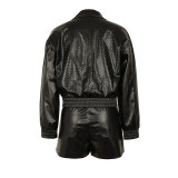 Lapel Zipper Loose Leather Jacket And Shorts Set AIL-339