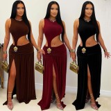 Sleeveless Pleated Hollowo Out Split Maxi Dress GZIY-6352