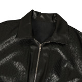 Lapel Zipper Loose Leather Jacket And Shorts Set AIL-339