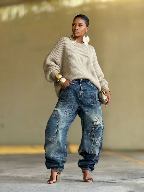 Plus Size Holes Patchwork Washed Loose Jeans GYLN-0044