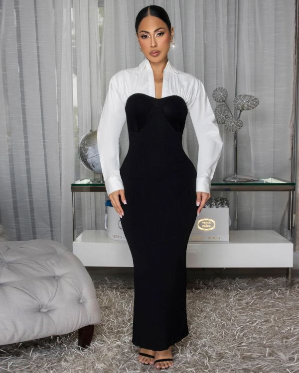 Lapel Shirt Long Sleeve Patchwork Split Maxi Dress XHXF-478