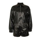 Lapel Zipper Loose Leather Jacket And Shorts Set AIL-339