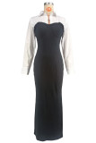 Lapel Shirt Long Sleeve Patchwork Split Maxi Dress XHXF-478