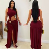 Sleeveless Pleated Hollowo Out Split Maxi Dress GZIY-6352