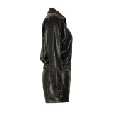 Lapel Zipper Loose Leather Jacket And Shorts Set AIL-339