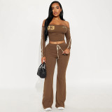 Letter Print Off Shoulder Top Two PIece Pants Set GDSF-J25ST420