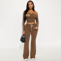 Letter Print Off Shoulder Top Two PIece Pants Set GDSF-J25ST420
