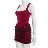 Solid Color Sling Sequin Patchwork Mini Dress GDSF-D25DS552