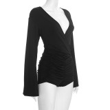 Deep V  Neck Flare Long Sleeve Romper GDSF-D25RP539