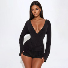 Deep V  Neck Flare Long Sleeve Romper GDSF-D25RP539