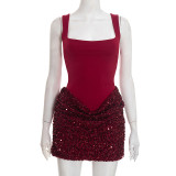 Solid Color Sling Sequin Patchwork Mini Dress GDSF-D25DS552