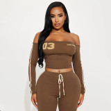Letter Print Off Shoulder Top Two PIece Pants Set GDSF-J25ST420