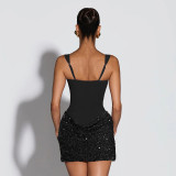 Solid Color Sling Sequin Patchwork Mini Dress GDSF-D25DS552