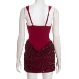 Solid Color Sling Sequin Patchwork Mini Dress GDSF-D25DS552