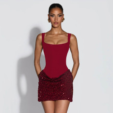 Solid Color Sling Sequin Patchwork Mini Dress GDSF-D25DS552