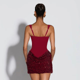 Solid Color Sling Sequin Patchwork Mini Dress GDSF-D25DS552