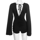 Deep V  Neck Flare Long Sleeve Romper GDSF-D25RP539
