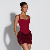 Solid Color Sling Sequin Patchwork Mini Dress GDSF-D25DS552