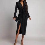 V Neck Long Sleeve High Split Maxi Dress GAXB-W511DS
