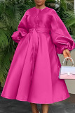 Plus Size Solid Glossy Loose Lantern Sleeve Midi Dress BGN-311