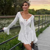 Solid Color Flare Sleeve Tie Up Mini Dress GAXB-W443DS