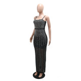 Hot Drill Mesh Sling Maxi Dress CYA-902200